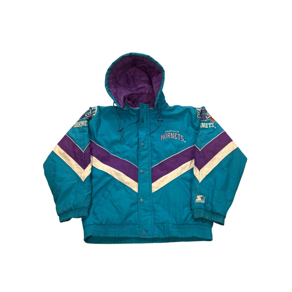 Vintage 90s Starter Charlotte Hornets NBA Full Zip Hooded Puffer Jacket Youth L
