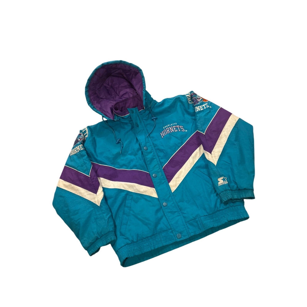 Vintage 90s Starter Charlotte Hornets NBA Full Zip Hooded Puffer Jacket Youth L