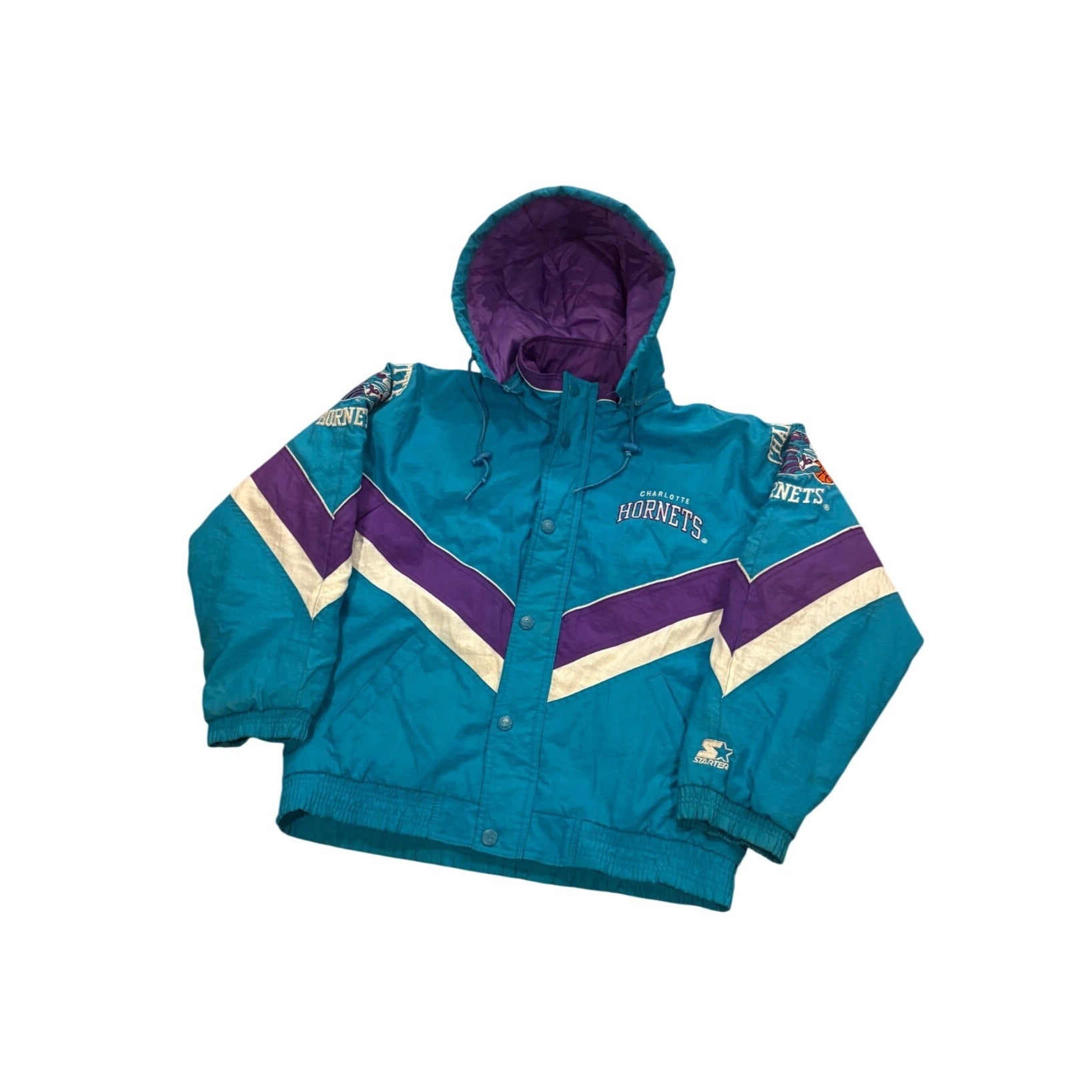 Vintage 90s Starter Charlotte Hornets NBA Full Zip Hooded Puffer Jacket Youth L