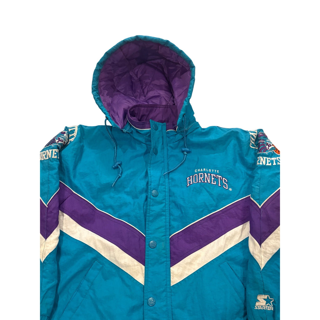 Vintage 90s Starter Charlotte Hornets NBA Full Zip Hooded Puffer Jacket Youth L