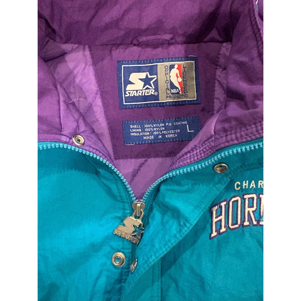 Vintage 90s Starter Charlotte Hornets NBA Full Zip Hooded Puffer Jacket Youth L